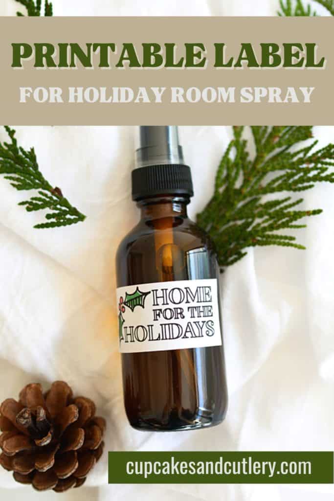 Printable labels for a festive holiday room spray made with essential oils.