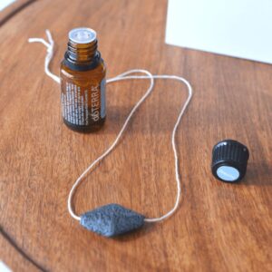 Square, close up image of a lava stone shower diffuser with a bottle of essential oils.