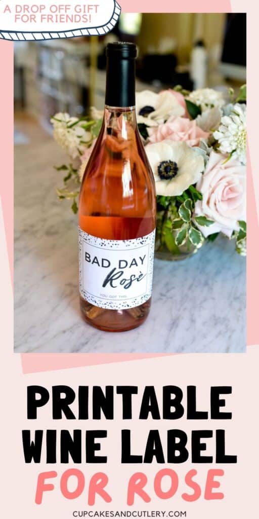 A bottle of rose with a custom sticker on it.