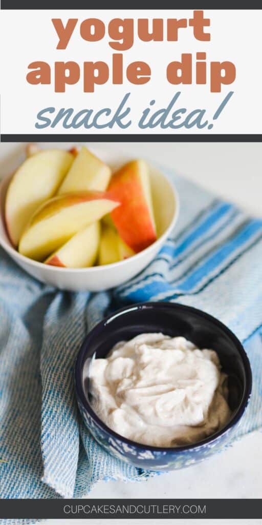 A bowl of sliced apples next to a bowl of Greek Yogurt Apple Dip.