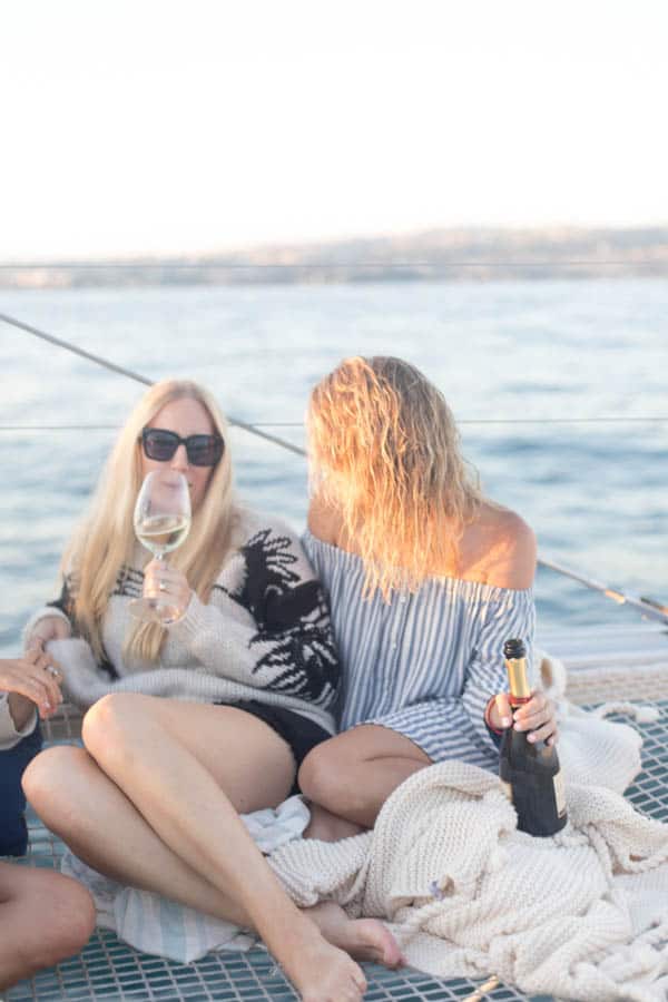 Wine with friends on a catamaran
