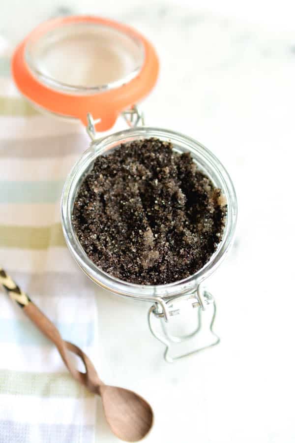 Top down view of DIY coffee scrub in a jar.