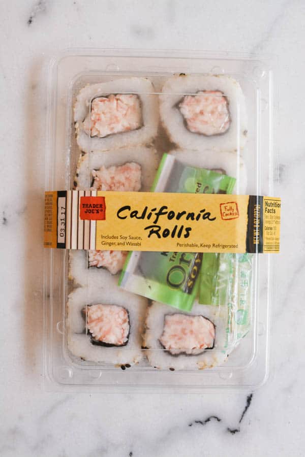 A package of sushi from Trader Joe's for a back to school lunch idea for kids who don't like sanwiches.