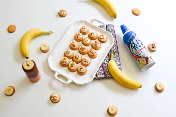 Caramel Banana Bites on Nilla Wafers on a plate.