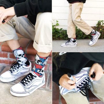 Pictures of a teen drawing on his shoes and the finished streeatwear inspired gift idea.