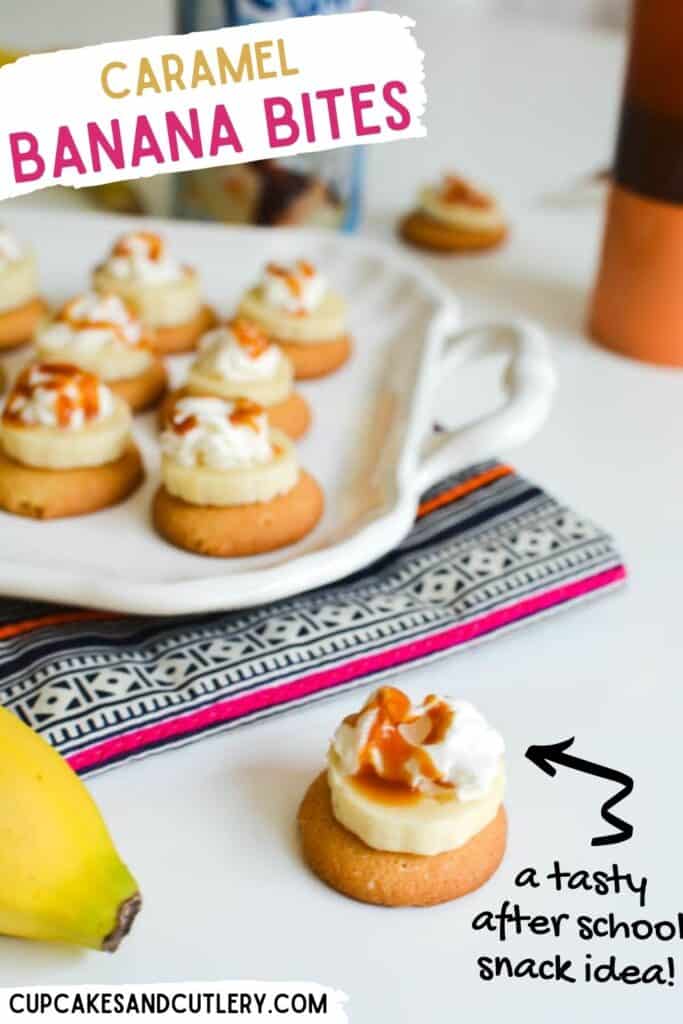 Banana slices on Nilla Wafers with whipped cream and caramel.