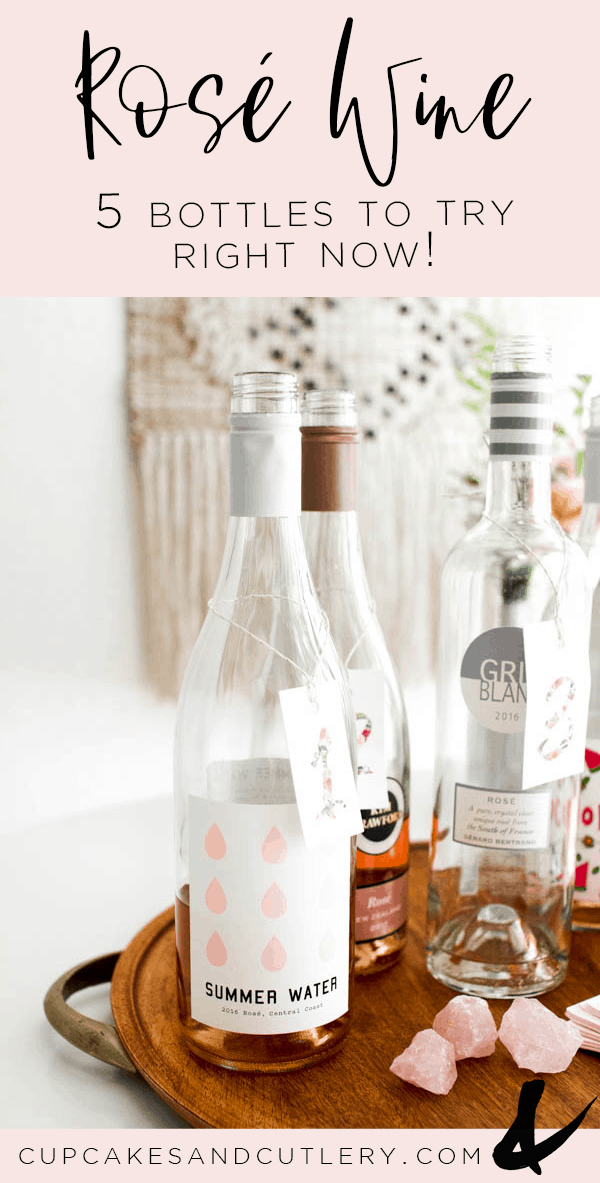 Summer is the perfect time to tasting some new rosé! Here are 5 brands that I love, that are (mostly) affordable and perfect for a party. Pick up one of these bottles and give it a try! #cupcakesandcutlery #wine #rose #rosewine #winelist #winetasting
