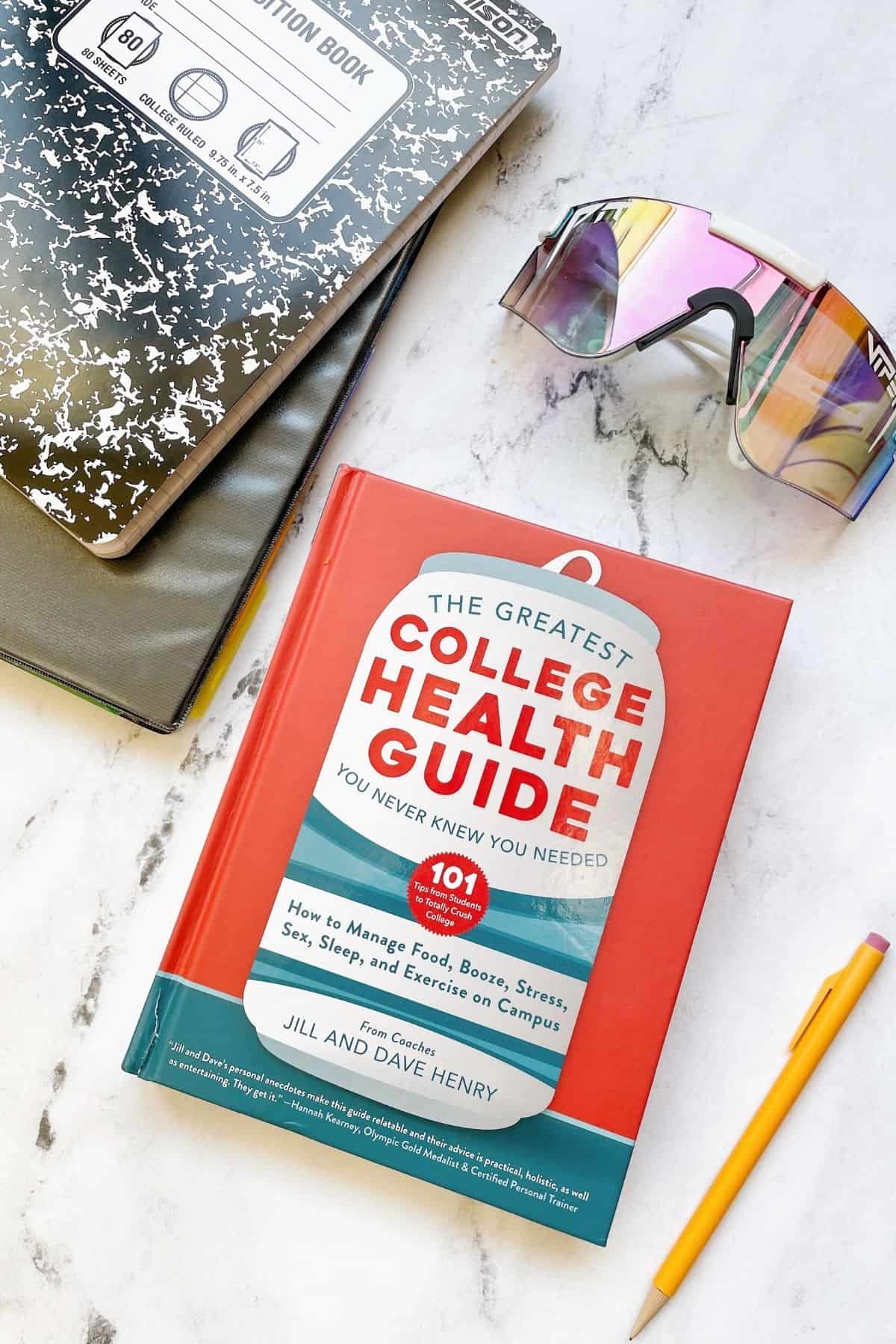 Overhead shot of a college health guide book for teens.