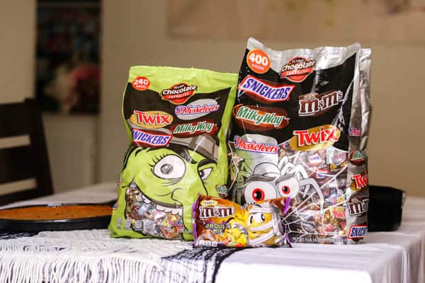 Halloween candy in bags on a table. 