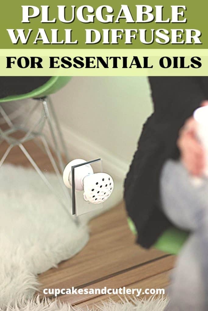 A diffuser plugged into a wall with text that says "pluggable wall diffuser for essential oils".