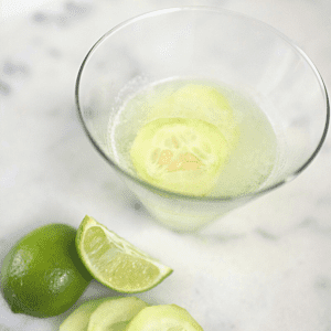 Overhead view of a Cucumber Vodka Gimlet in a stemless cocktail glass.