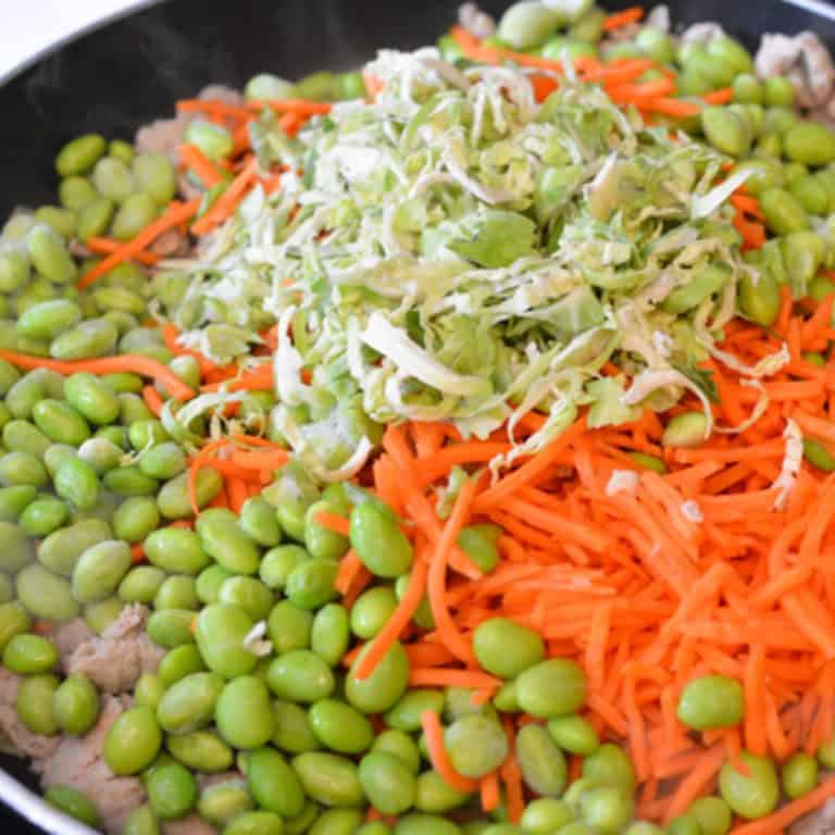 Close up of veggies in a pan to make a Teriyaki Ground Turkey Stir Fry.