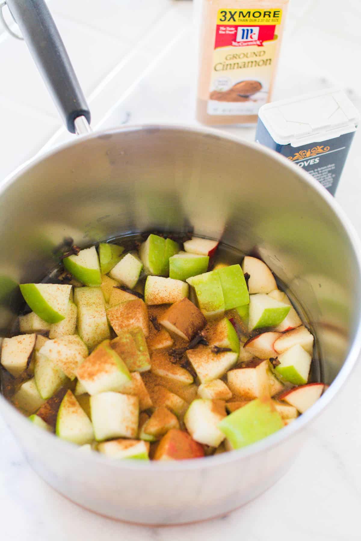 A sauce pan with chopped apples and cinnamon.