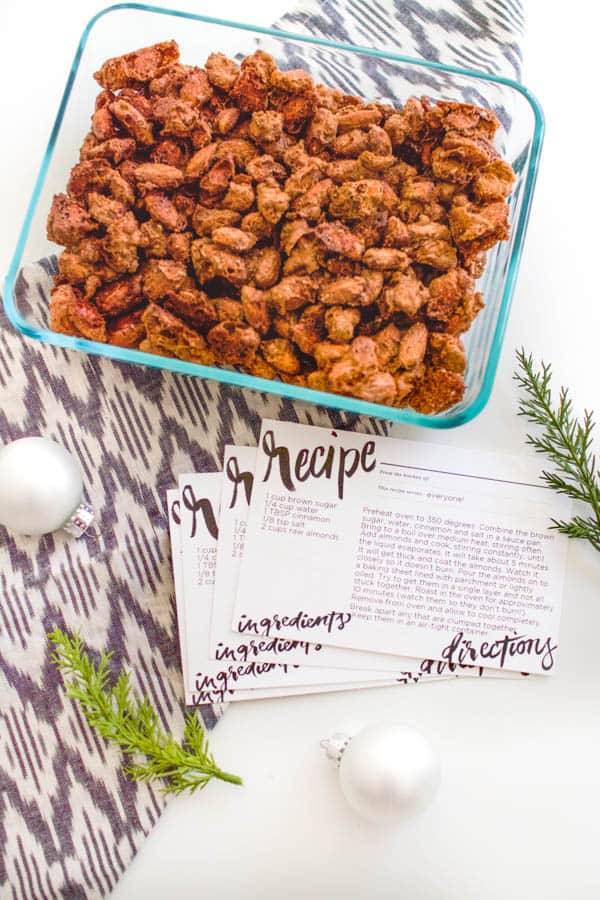 Candied Almonds next to a recipe card for the recipe.