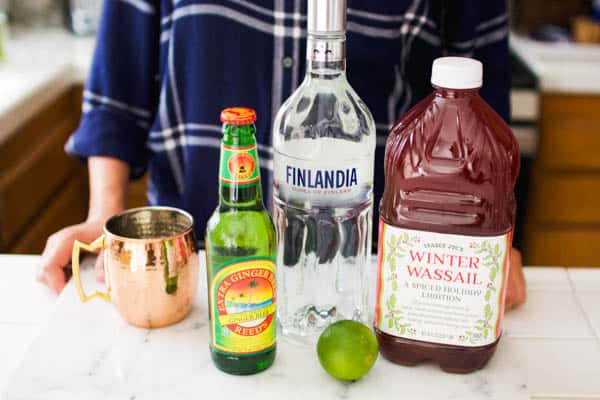 Holiday Moscow Mule recipe ingredients for Christmas.