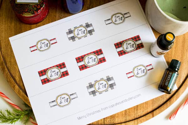 Printed paper with holiday room spray labels on it. 