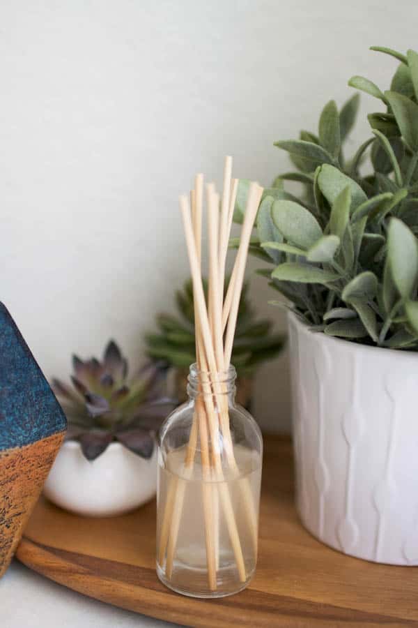 Close up of a reed diffuser on a table next to plants.