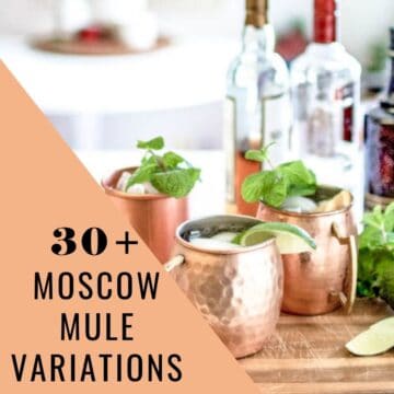 3 Moscow Mule variations in copper mugs on a counter next to bottles of liquor.
