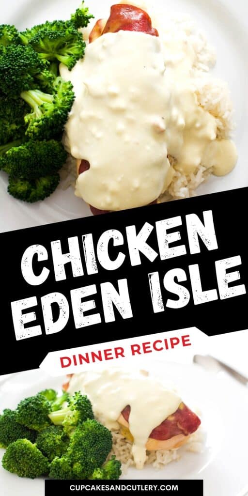 Collage of images for baked chicken eden isle for dinner with text.