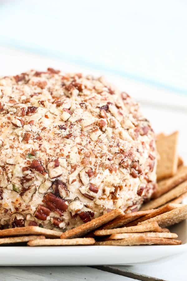 Easy chicken and ranch cheese ball covered in pecans.