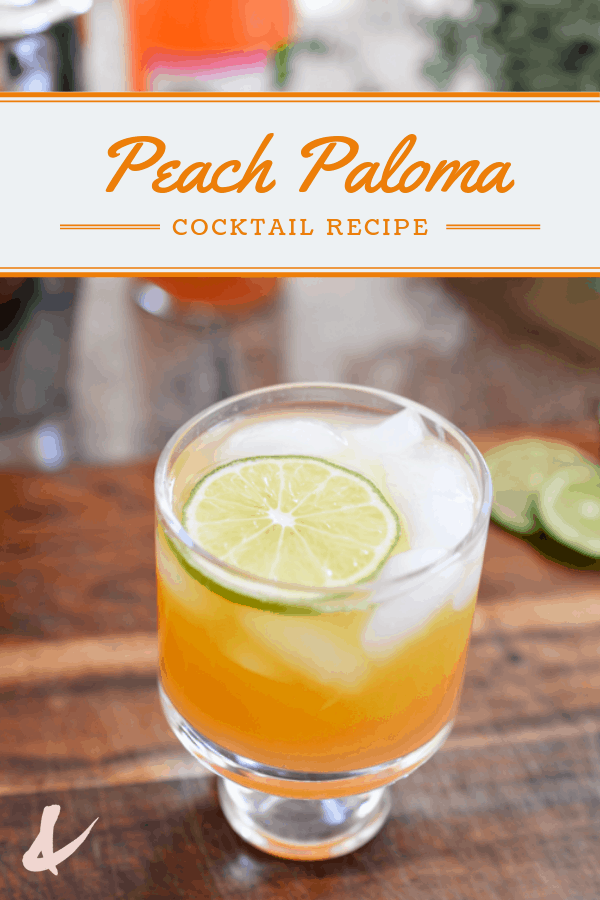 peach paloma cocktail recipe with text overlay