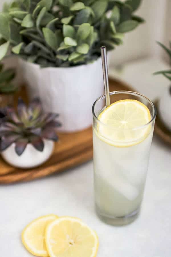 A tall cocktail glass with a vodka cocktail and lemon wheel garnish with steel straw. 