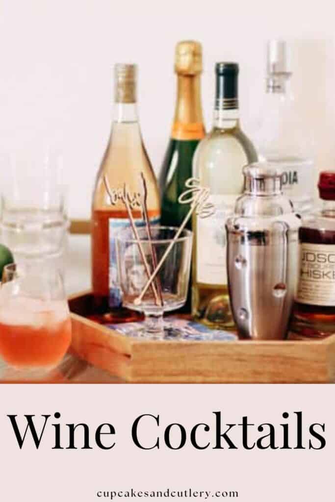 Text: Wine cocktails under an image of wine and cocktail ingredients on a tray.