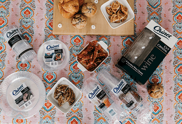 Overhead view of Chinet cut crystal products laying on a brunch table.