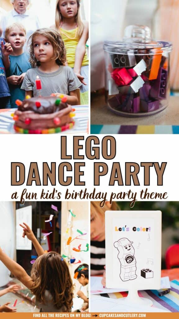 Text: Lego Dance Party a fun kid's birthday party theme with a collage of images from a fun kids party.