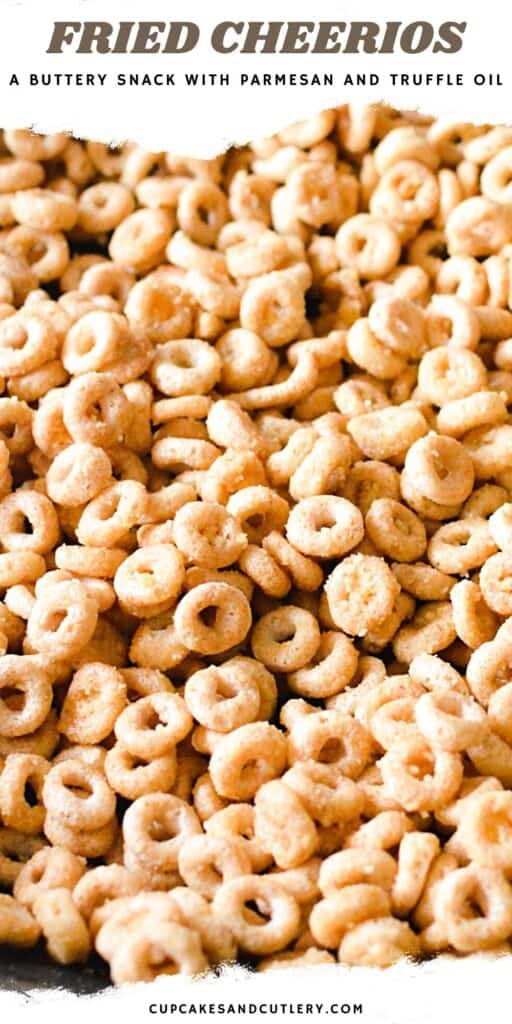 Close up of hot buttered cheerios with text around it.