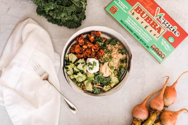 Easy Mediterranean Grain Bowls with Bubba Burger Veggie Burgers