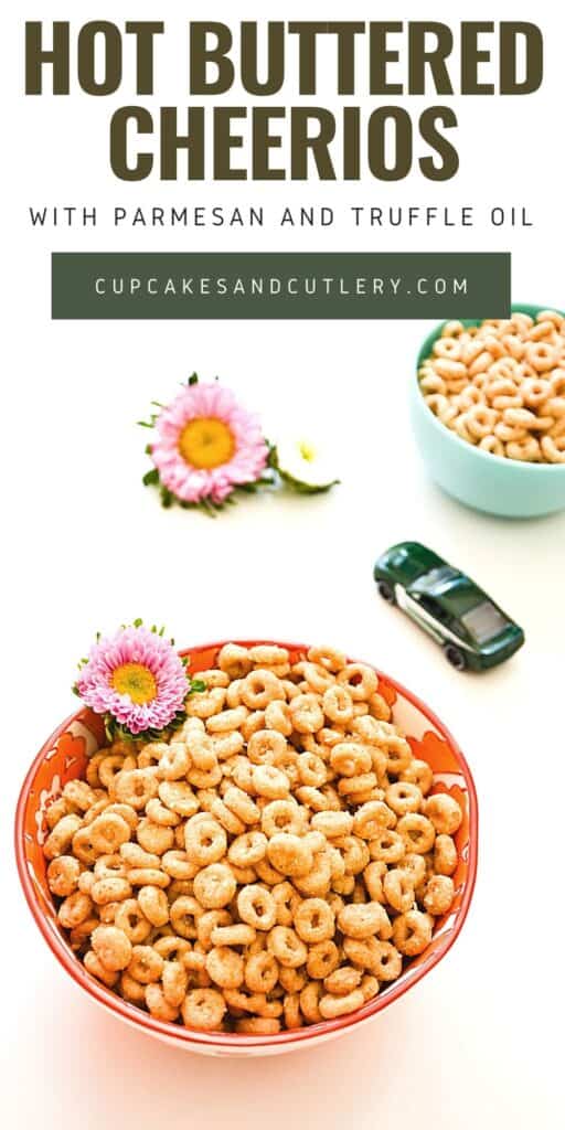 Cheerios in a bowl with a toy car and flowers around it with text.