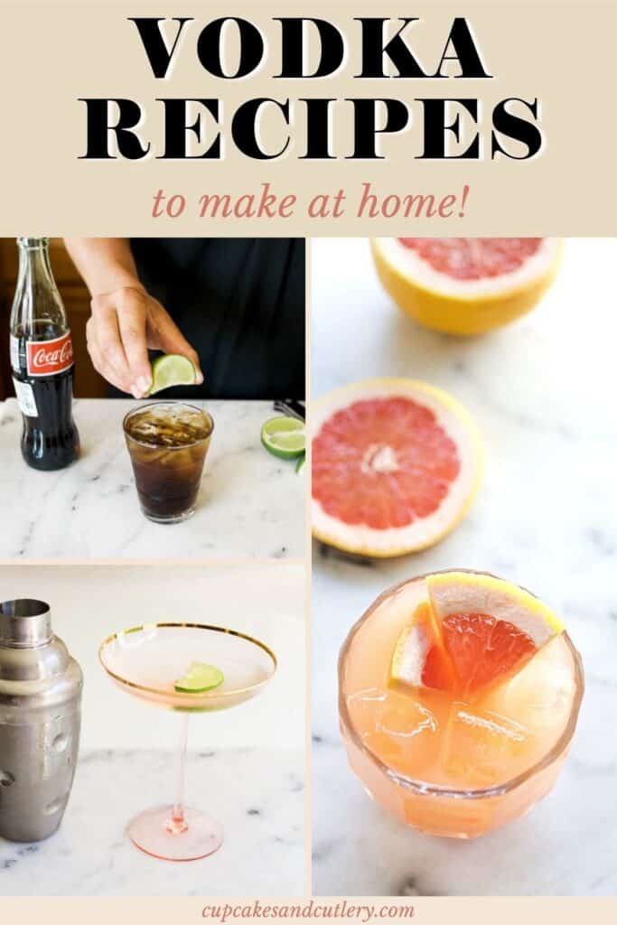 A collage of images of cocktails with text around them.