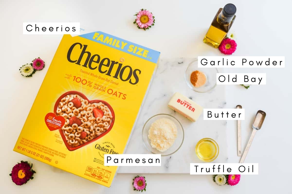 Labeled ingredients for making hot buttered cheerios.