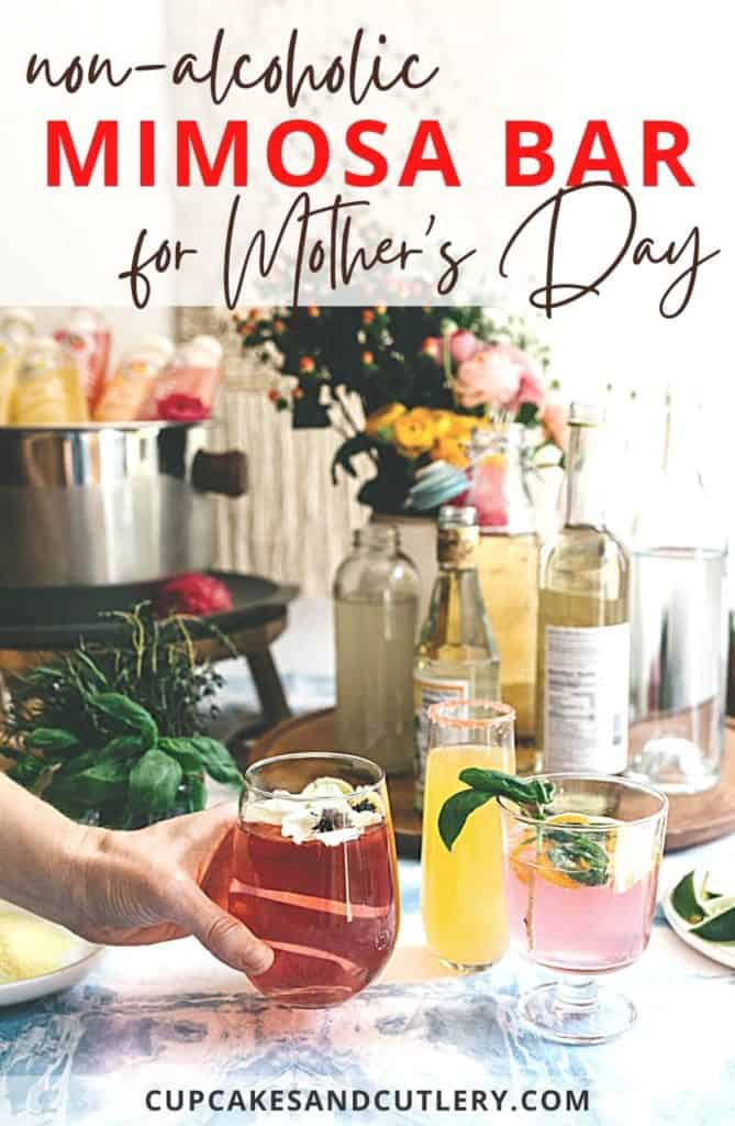 Woman reaching for a pretty mocktail mimosa off a beverage table for Mother's Day brunch.