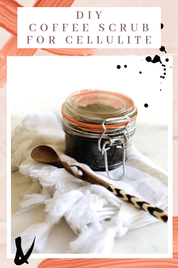 glass jar with coffee scrub on table next to spoon with text overlay.