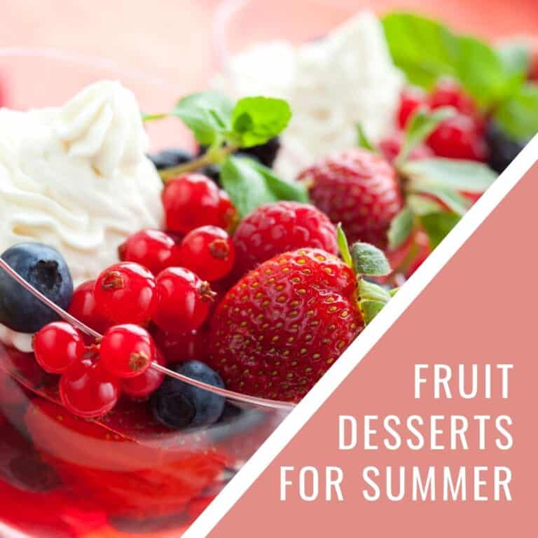 Close up of a fruit dessert in a bowl with text over it.