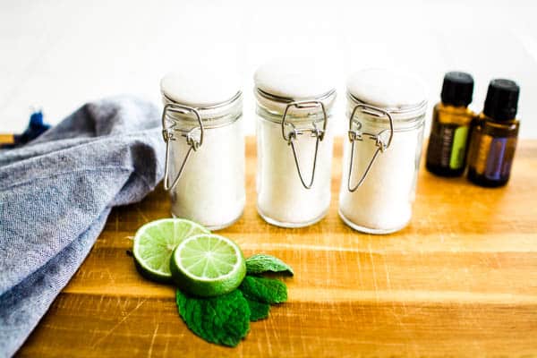 3 small glass jars of homemade bath salts inspired by mojitos.