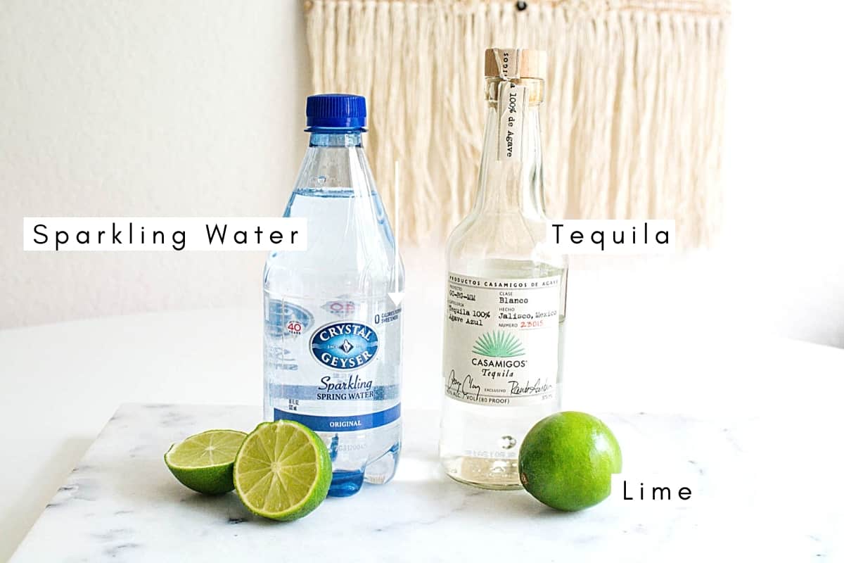 Labeled ingredients to make a super skinny margarita.