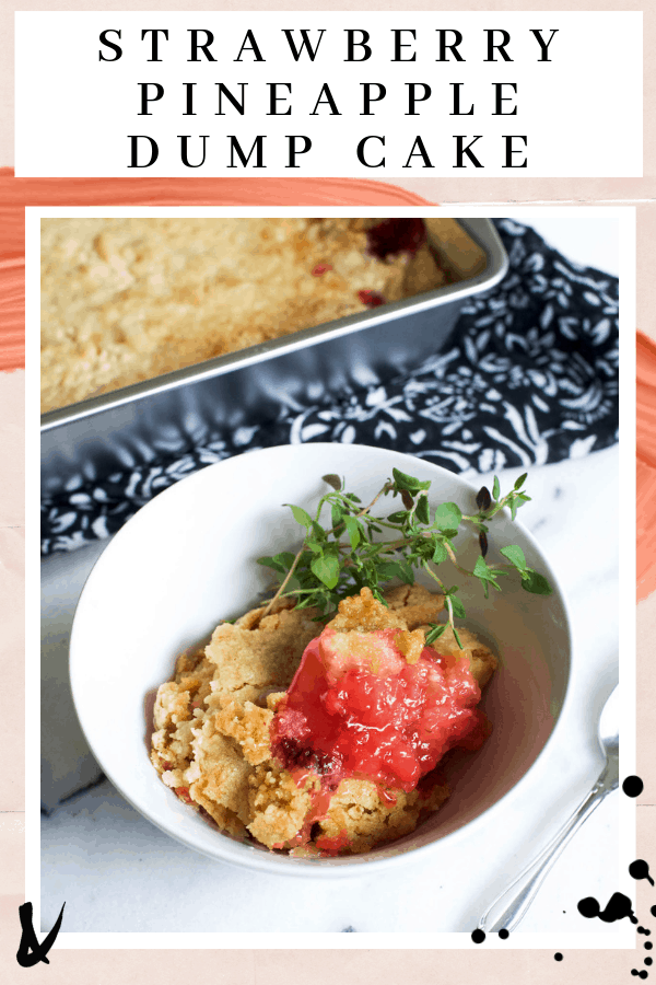 bowl of strawberry dump cake with thyme on a table with text overlay