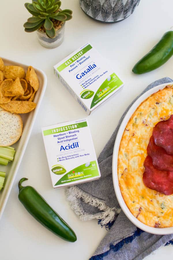 Boiron Acidil and Gasalia next to a finished Jalapeno Popper Dip on a table.