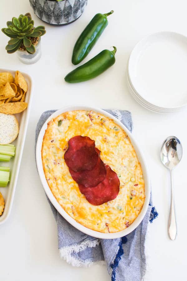 Easy Baked Cream Cheese Dip with Jalapeno and Dried Beef on a table.