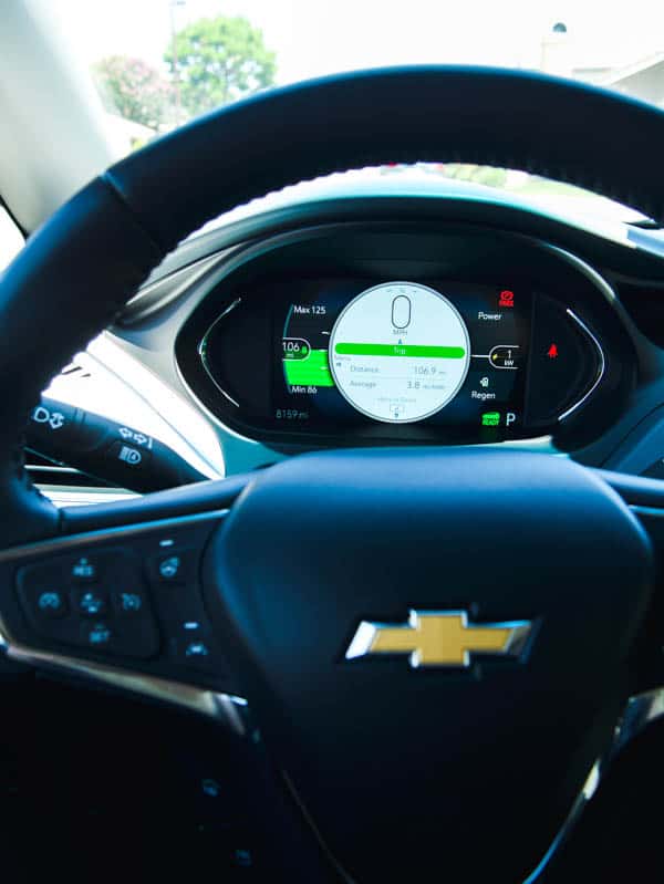 Dashboard of the Chevy Bolt behind the steering wheel. 