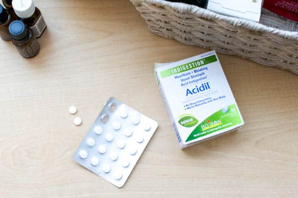 Box of Borion Acidil on a table next to a sleeve of the tablets.