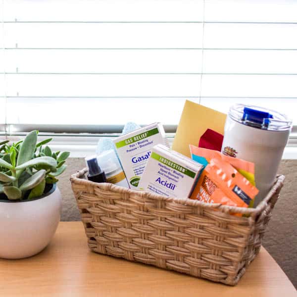 square image of a guest room welcome basket