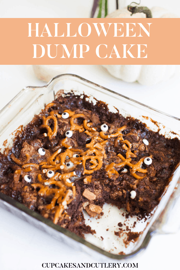 chocolate dump cake for Halloween with text overlay