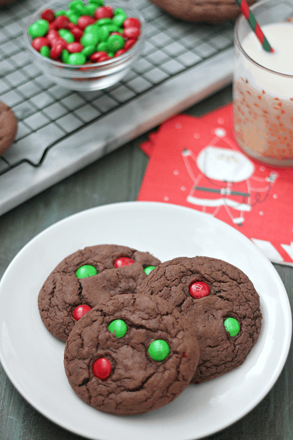 Holiday Chocolate Cake Mix Cookies with M&Ms