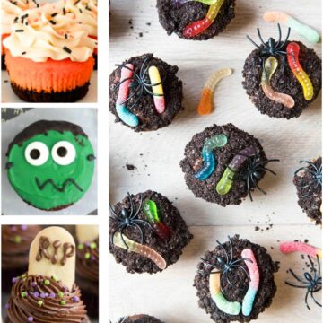 Collage of cupcakes that are decorated for Halloween.