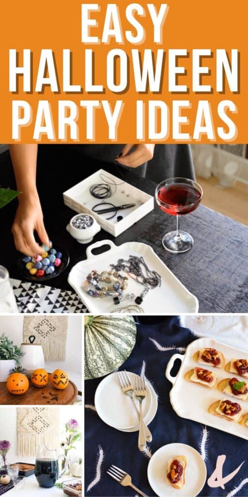 Collage of ideas for an easy Halloween party at home.