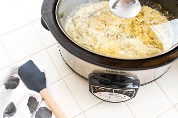 Making a dump cake in a crock pot.